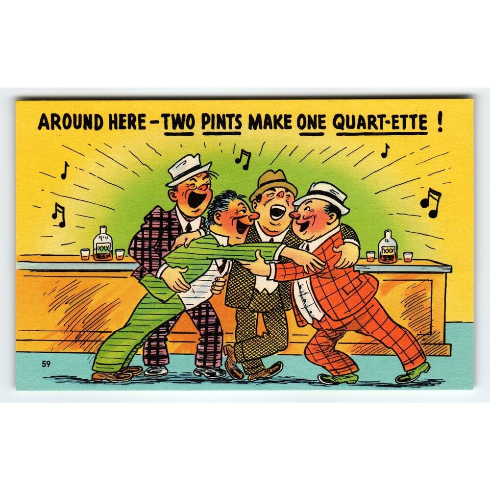 Vintage Linen Comedy Postcard Two Pints Make One Quart-ette 1950s